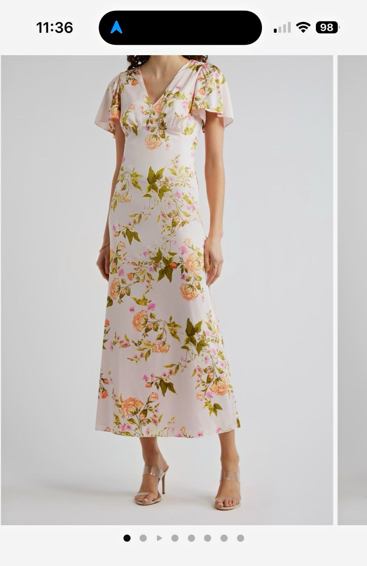 Chelsea28 Pink/Floral Satin Maxi Dress S V-Neck Flutter Sleeve Zip RV $129 FLAWS