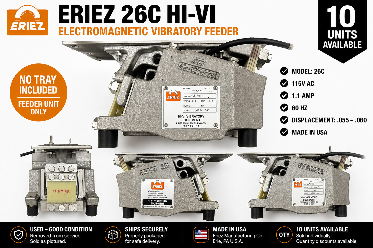 Eriez 26C Hi-Vi Electromagnetic Vibratory Feeder Drive 115V 1.1A - No Tray Eriez 26C Hi-Vi Electromagnetic Vibratory Feeder Drive 115V 1.1A - No Tray