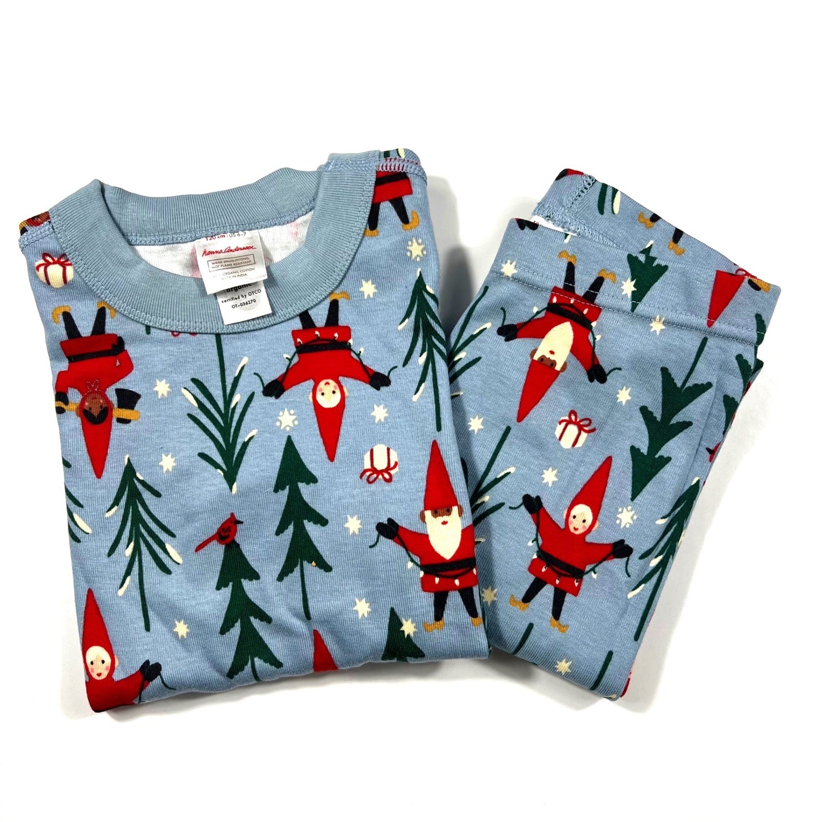 Hanna Andersson Holiday Harvest Gnomes Pajamas Set Blue Organic Cotton Kids 6-7