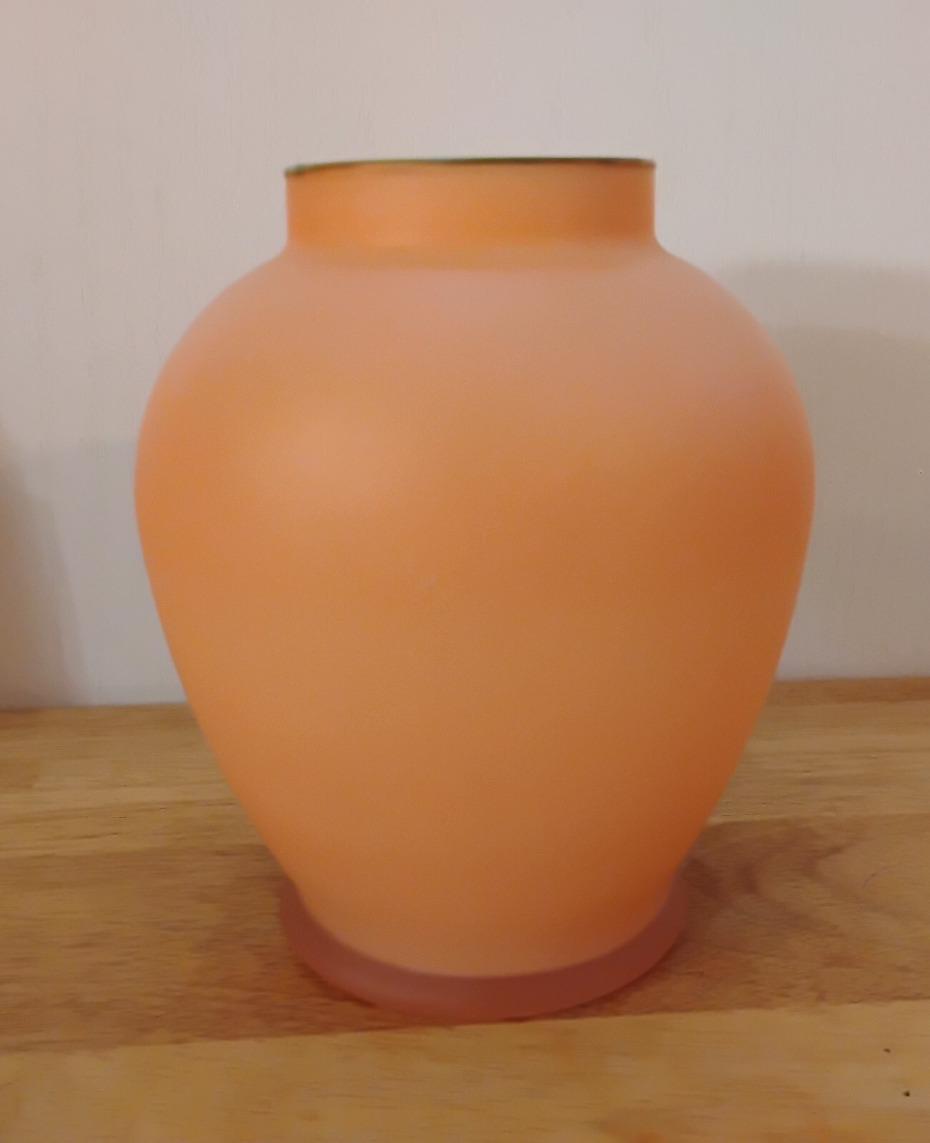 Vintage Frosted Orange Glass Vase - Green Rim, VG Vintage Frosted Orange Glass Vase - Green Rim, VG