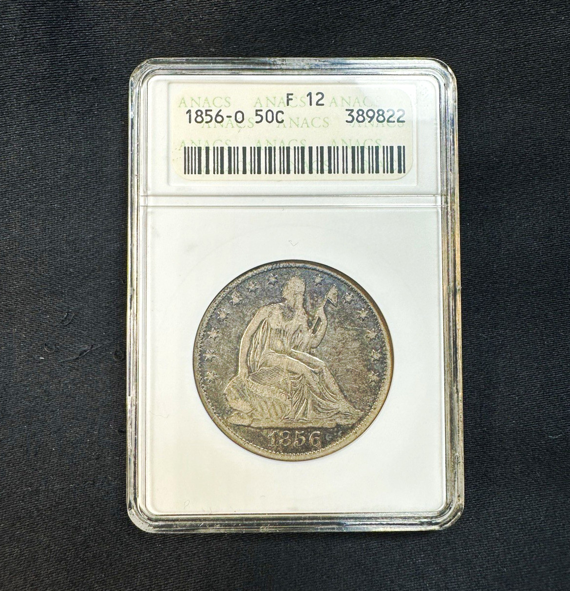 1856-O New Orleans Seated Liberty Half Dollar 50C Silver ANACS F12 NEW SoapBox 1856-O New Orleans Seated Liberty Half Dollar 50C Silver ANACS F12 NEW SoapBox