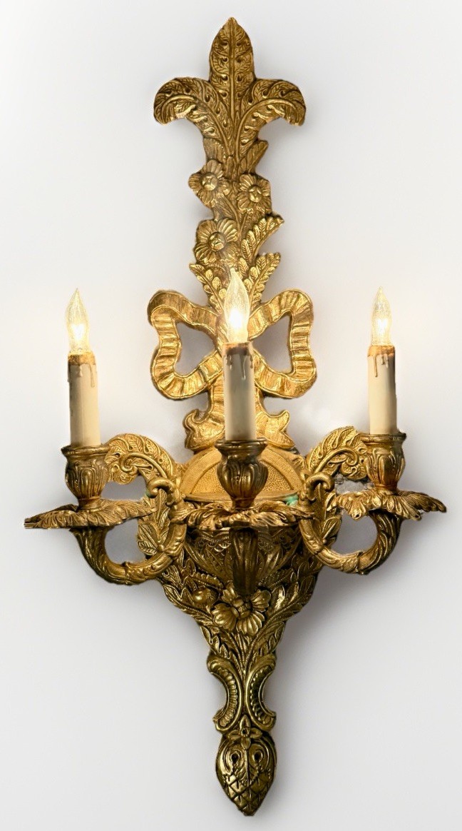 Edwardian Revival 31.25” Wall Sconce 3-Light Cast Brass Ornate by Crescent BM Co