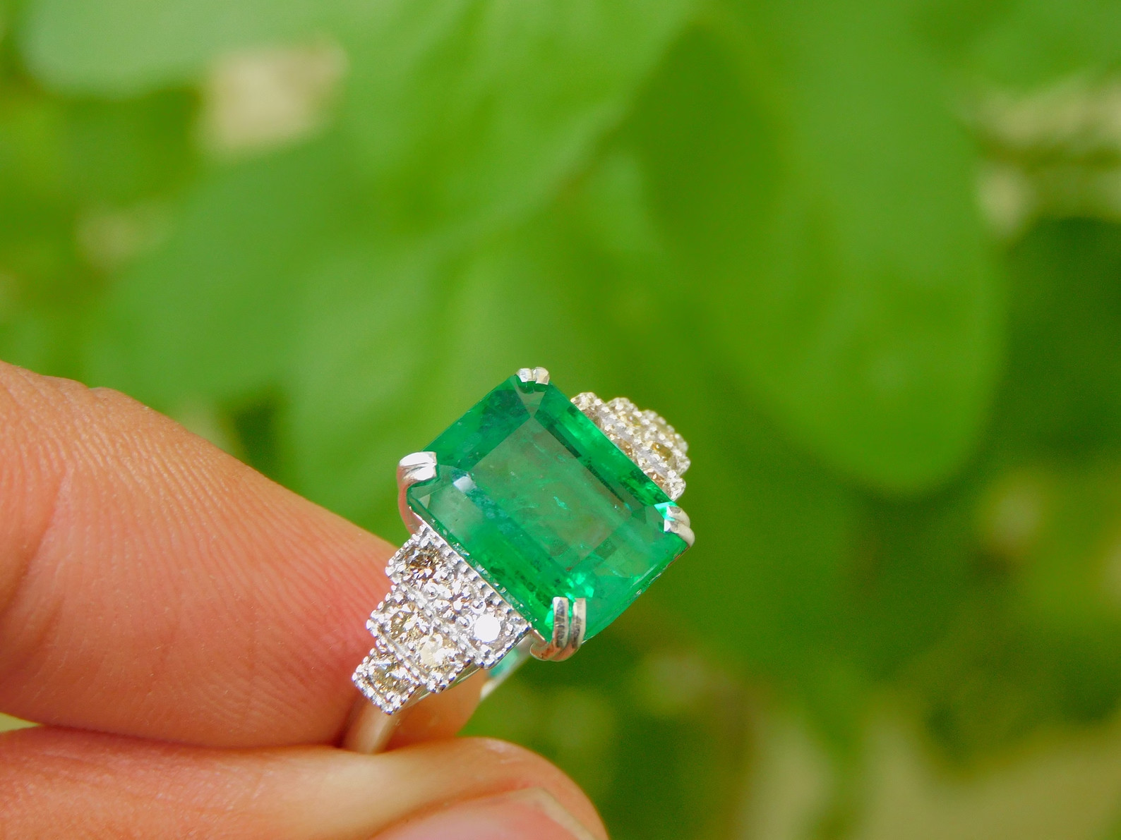 4.18 Ct Emerald Cut Natural Emerald & Diamond Ring 14K Solid White Gold Size 8