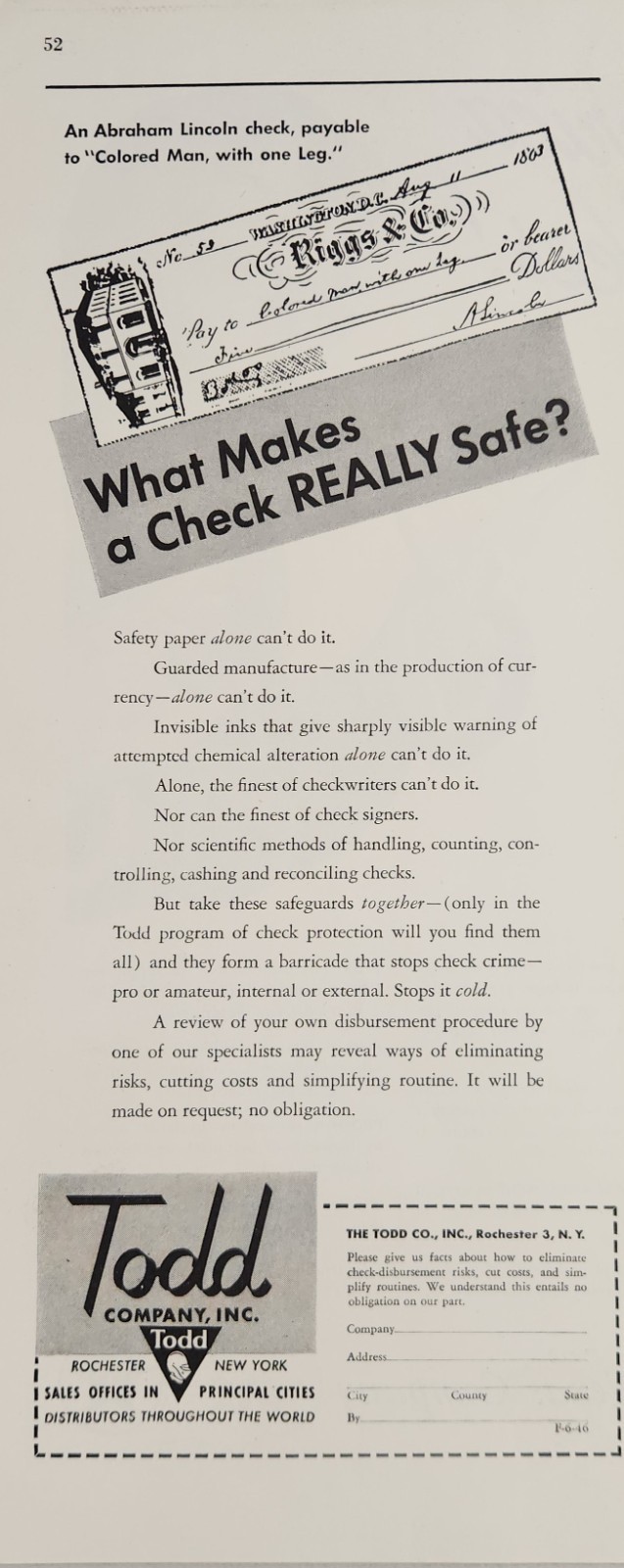 1946 Print Ad Todd Company Check Makers Abraham Lincoln Check Rochester,NY 1946 Print Ad Todd Company Check Makers Abraham Lincoln Check Rochester,NY