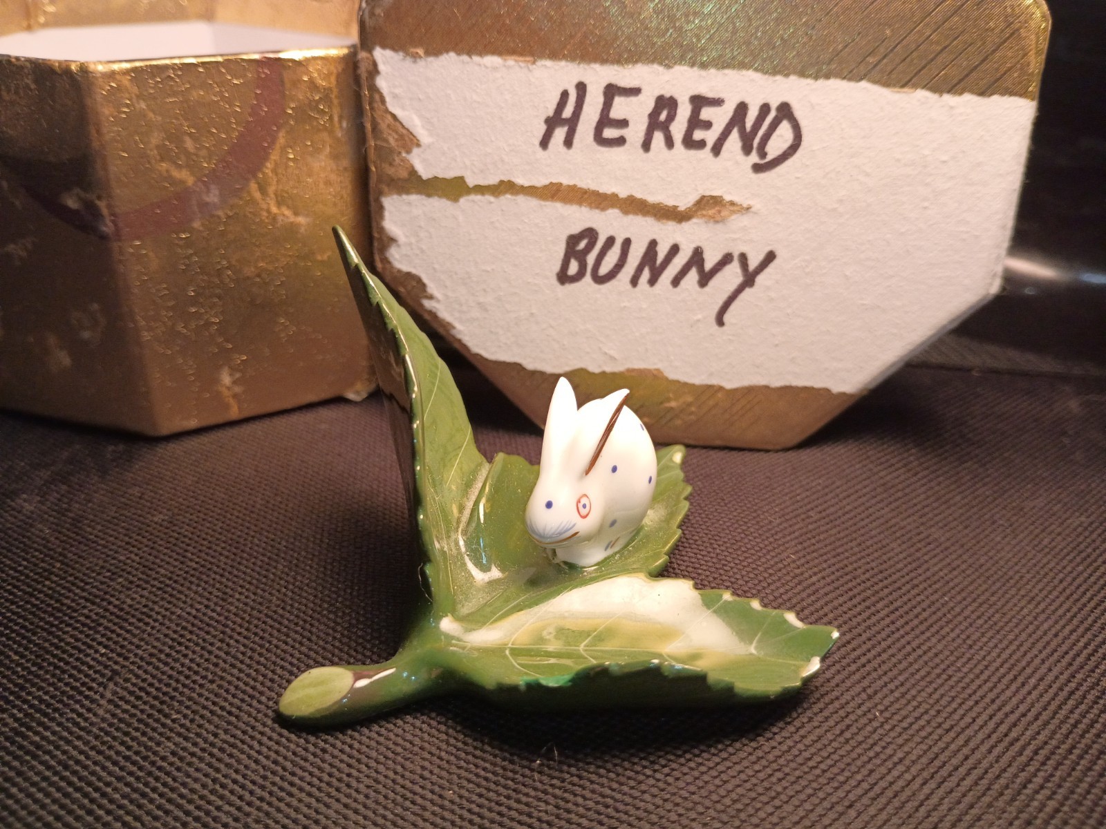 Vintage Herend Hungary Porcelain Rabbit on Leaf Figurine Blue spot. Vintage Herend Hungary Porcelain Rabbit on Leaf Figurine Blue spot.