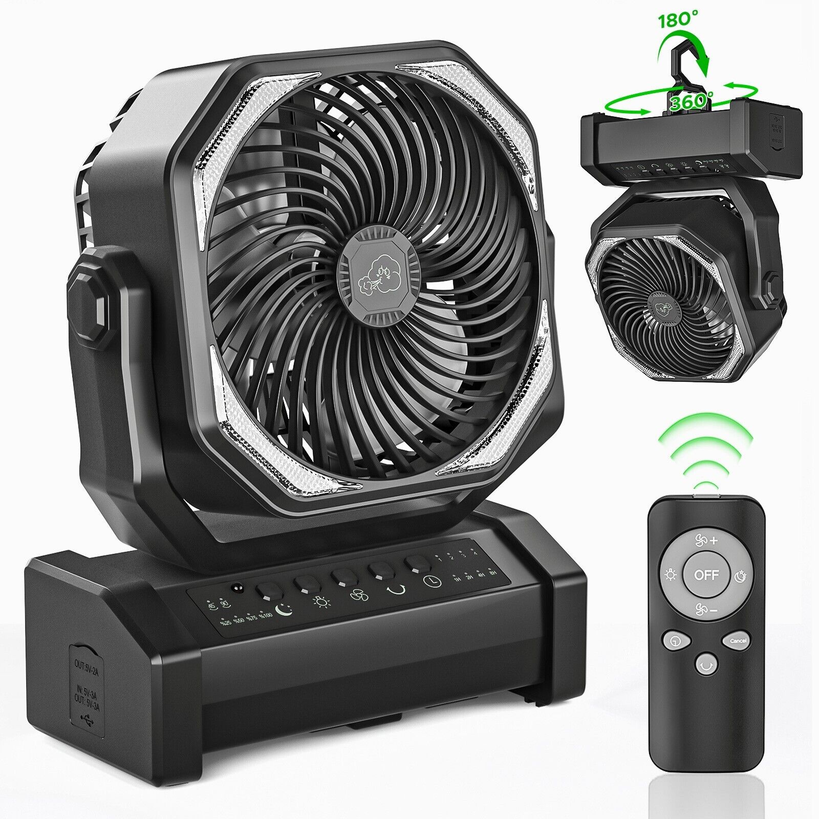 20000mAh 60hrs Rechargeable Auto-Oscillating Camping Fan with LED and Hook