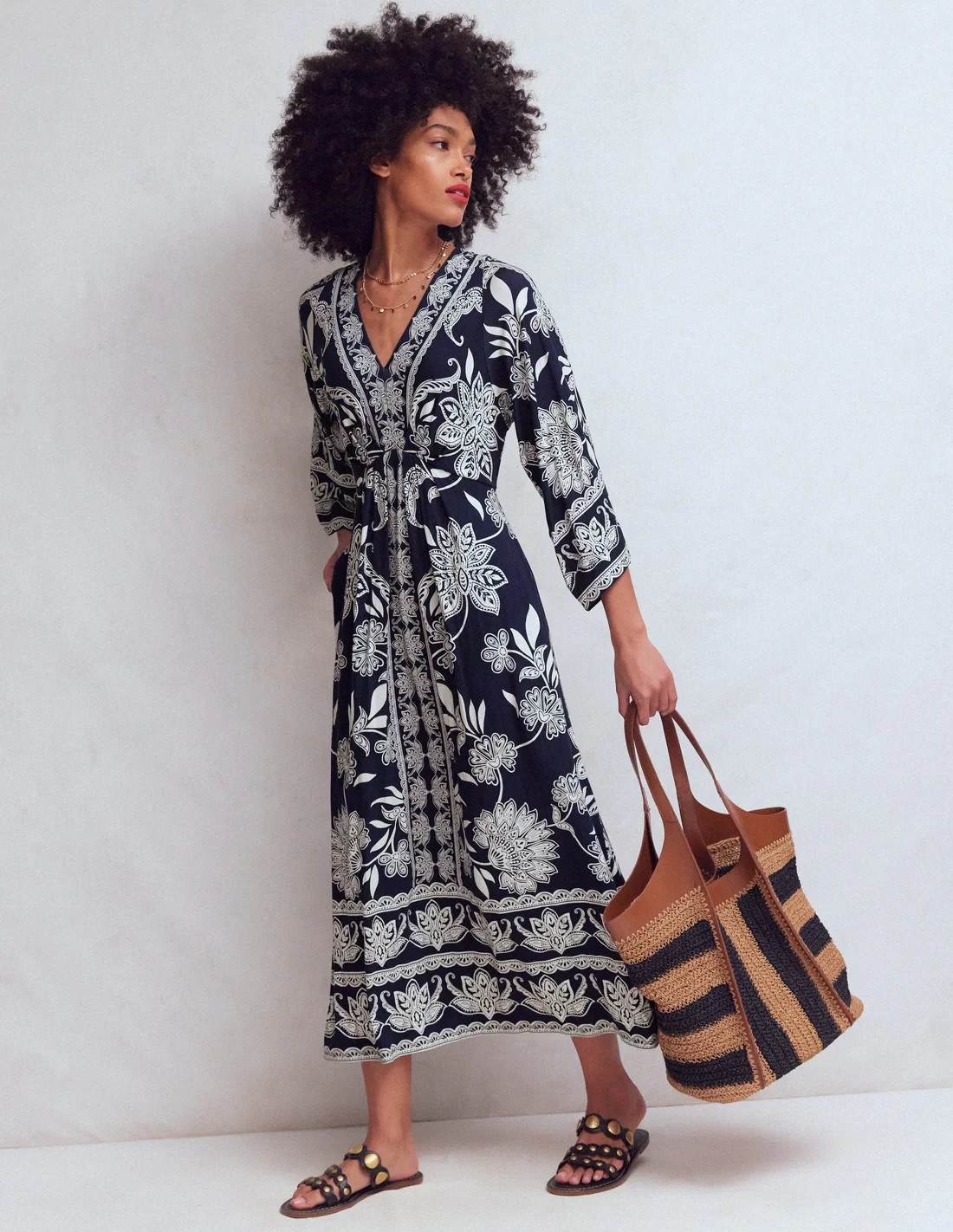 Boden Nell Kimono Midi Jersey Dress Navy Elegant Blossom Size 6R (NWT)