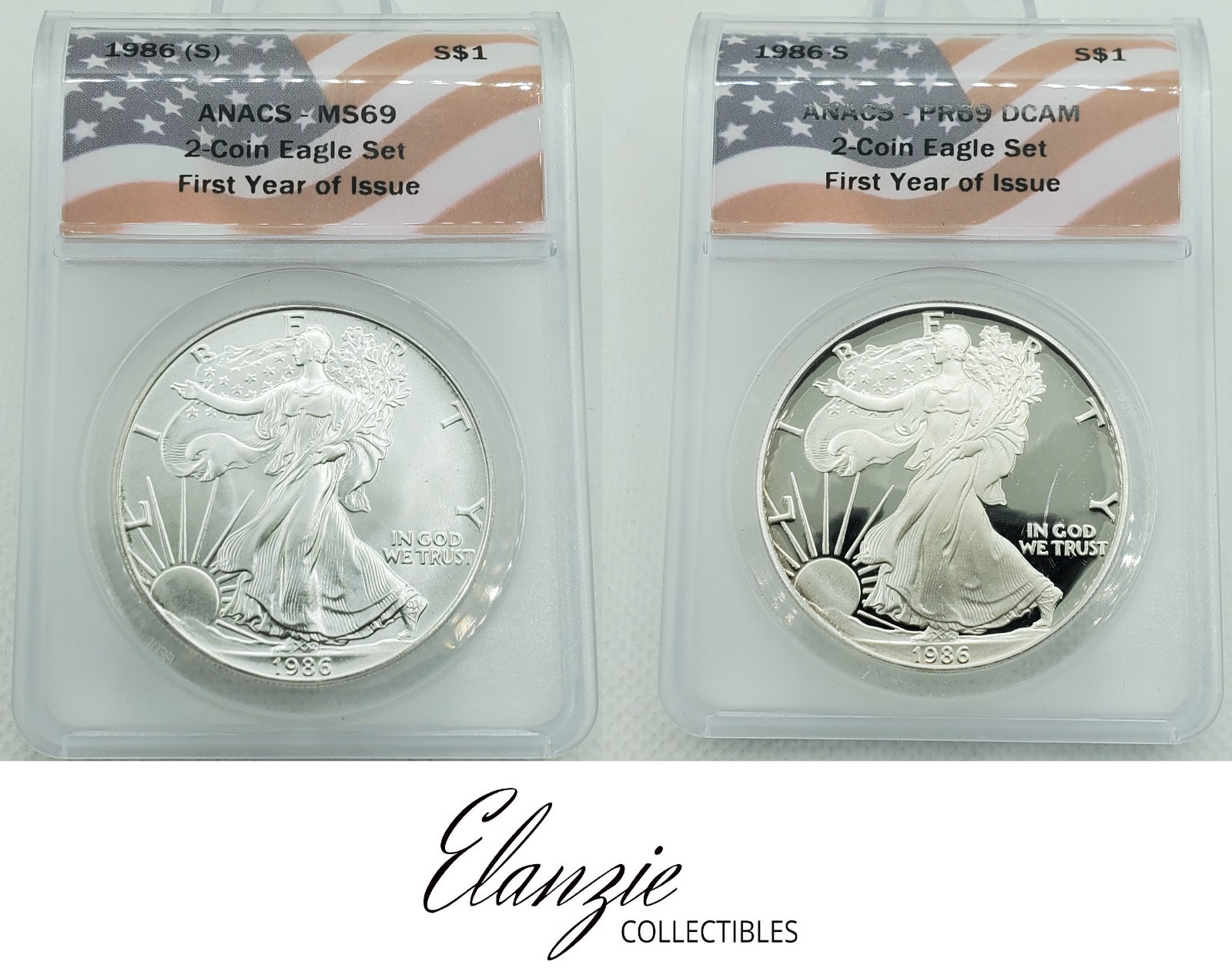 1986(S) Silver Eagle ANACS MS69 and 1986-S Silver Eagle ANACS PR69 1st Year Set 1986(S) Silver Eagle ANACS MS69 and 1986-S Silver Eagle ANACS PR69 1st Year Set