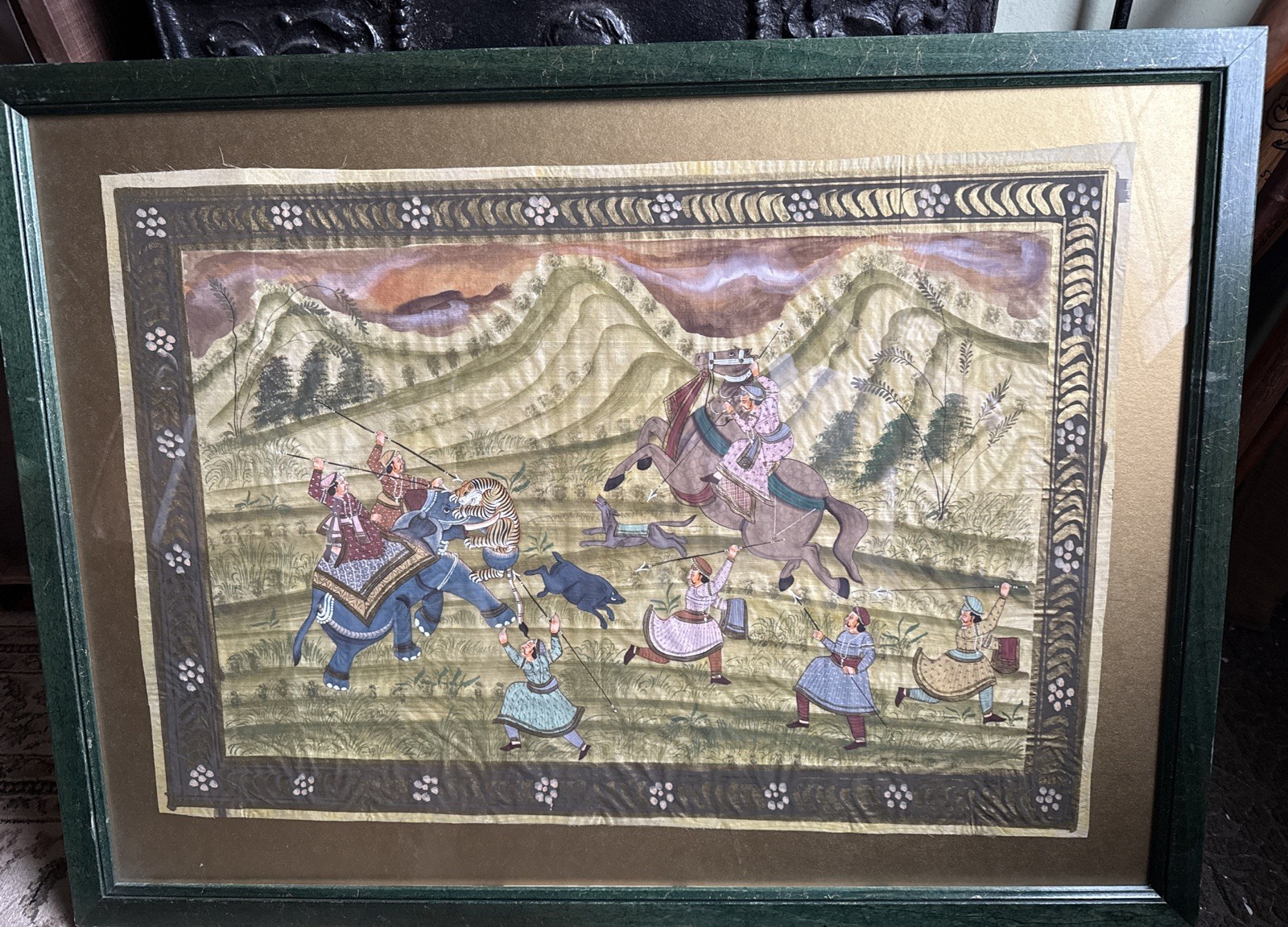Vintage Indian Mughal Painting Elephant Hunt Boar Horse Dog Scene Frame 34.5x26”