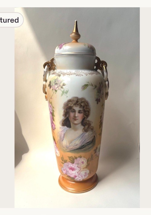 ANTIQUE 1912 Rosenthal Germany Porcelain Portrait Urn - Gilded Chain Handle Vase