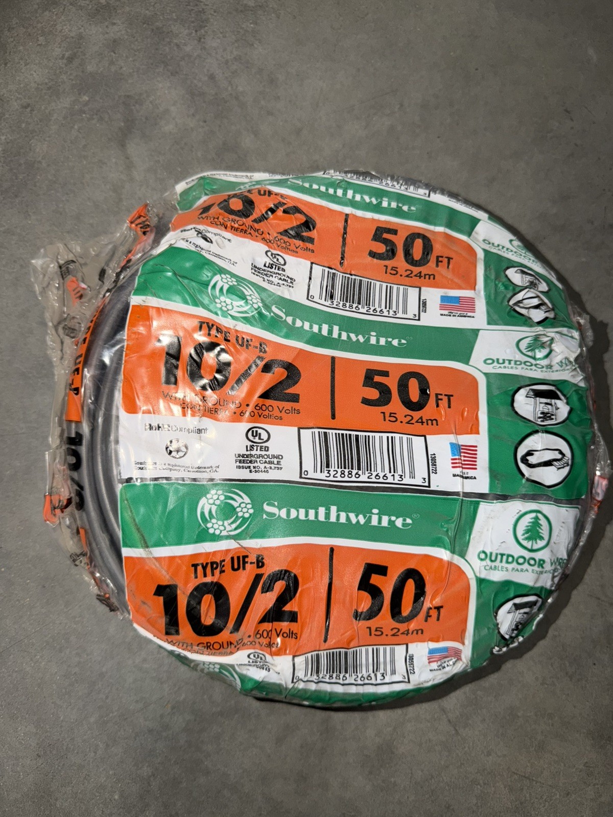 Southwire 13056722 - 50ft  10/2 With Ground TYPE UF-B Outdoor Wire