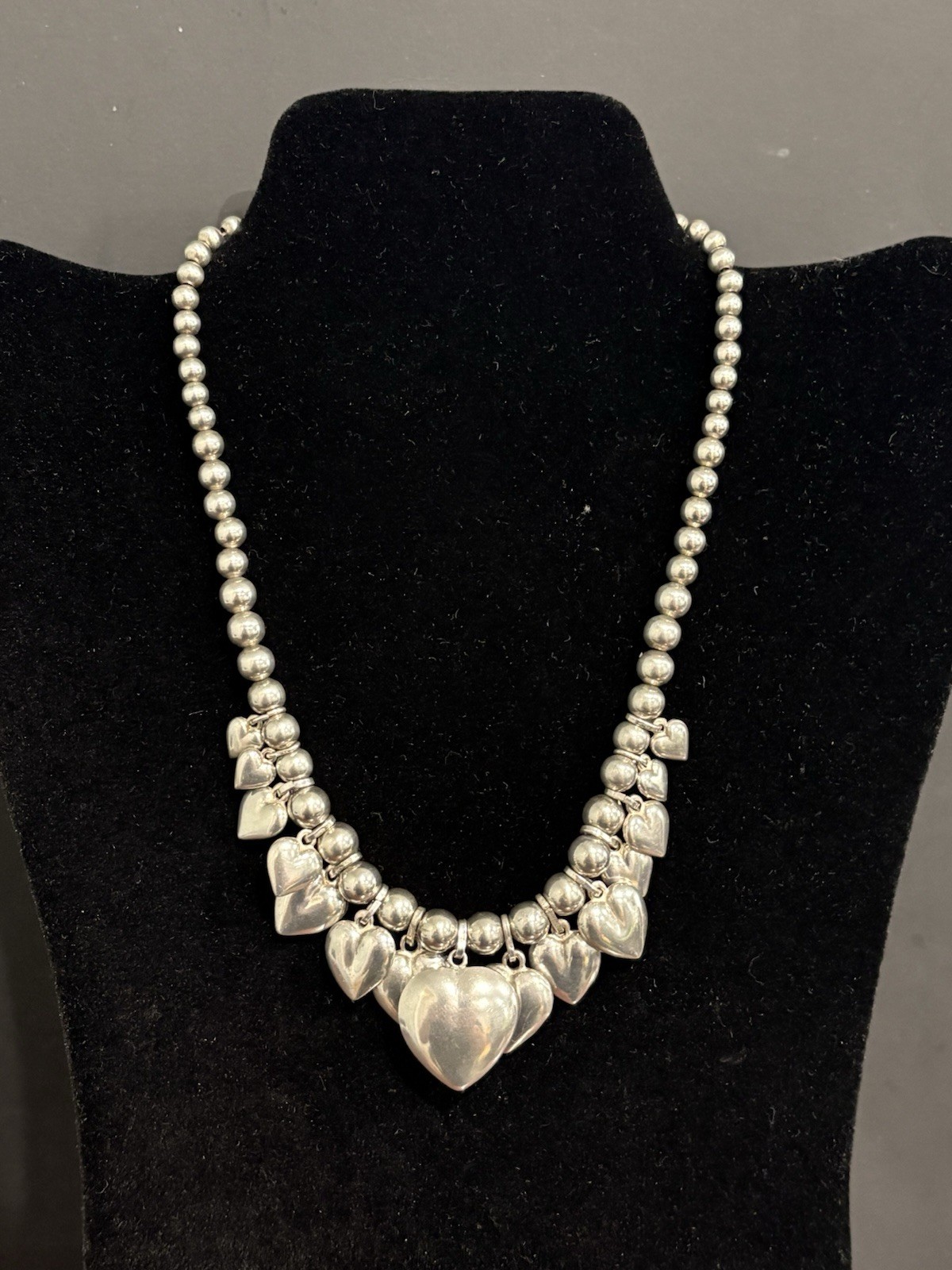 Vintage 80s Sterling Silver Puffy Heart Charm Necklace 55.8g Graduated Bead 16