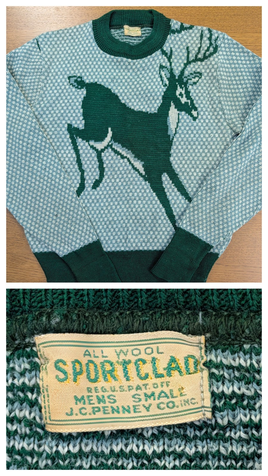 Vtg 1940s 1950s Sportclad JC Penney Deer Stag Novelty Wool Sweater Mens Small