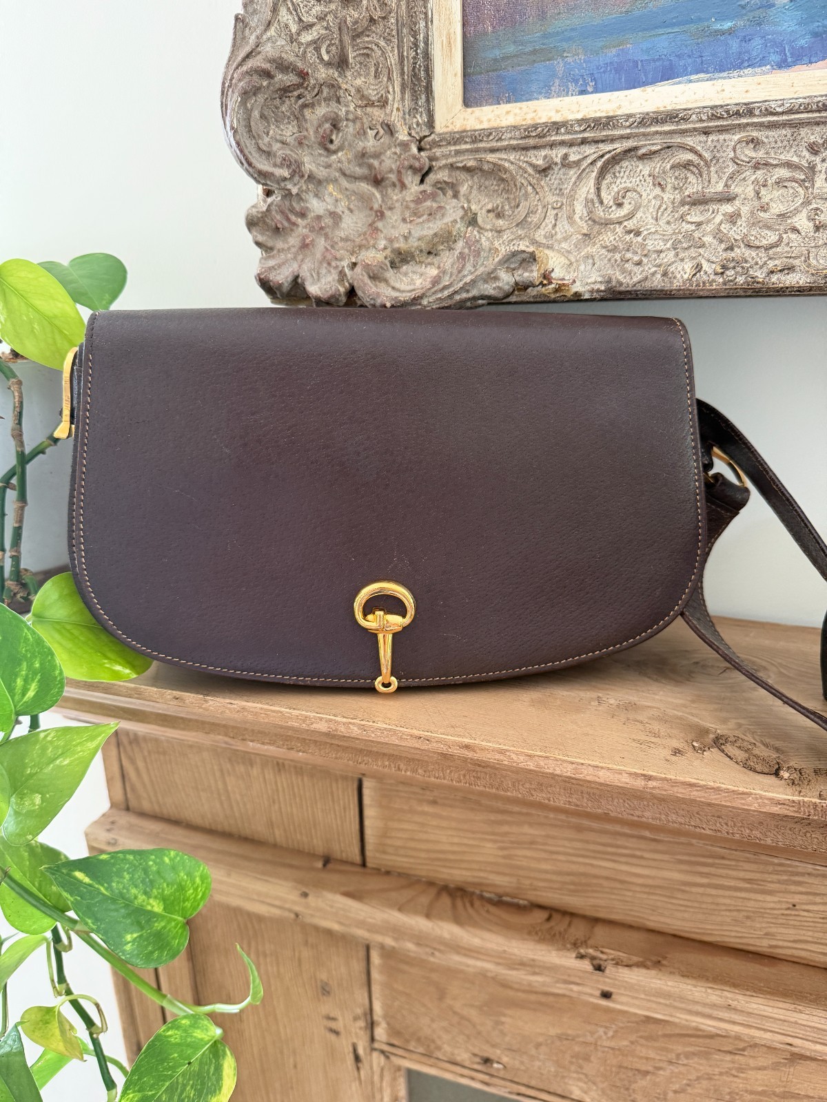 Vintage Gucci Brown Leather Shoulder Handbag Horsebit Accent Made in Italy