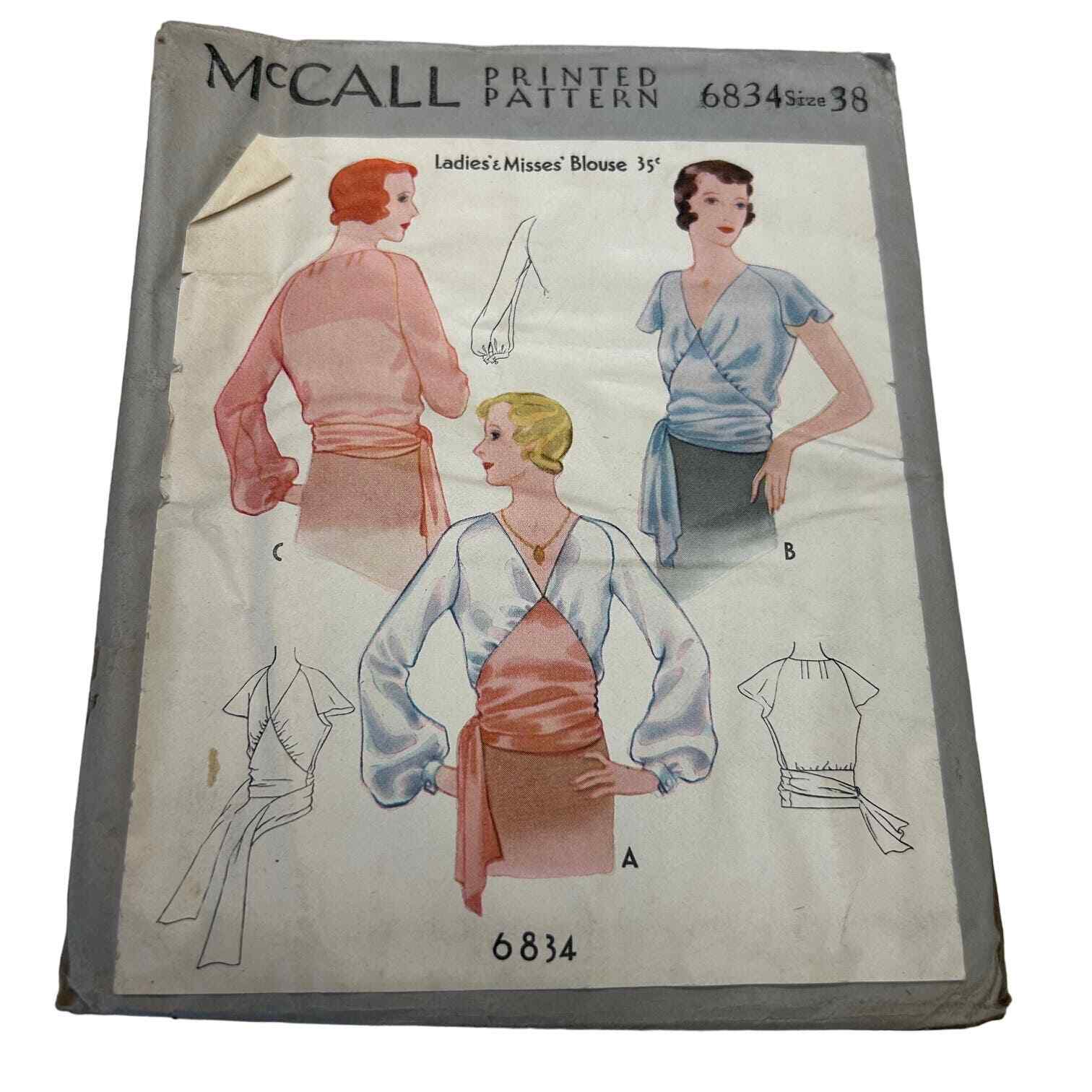 McCall Antique Early 1900's Pattern #6834 Ladies/Misses Blouses Size 38 HTF RARE McCall Antique Early 1900's Pattern #6834 Ladies/Misses Blouses Size 38 HTF RARE