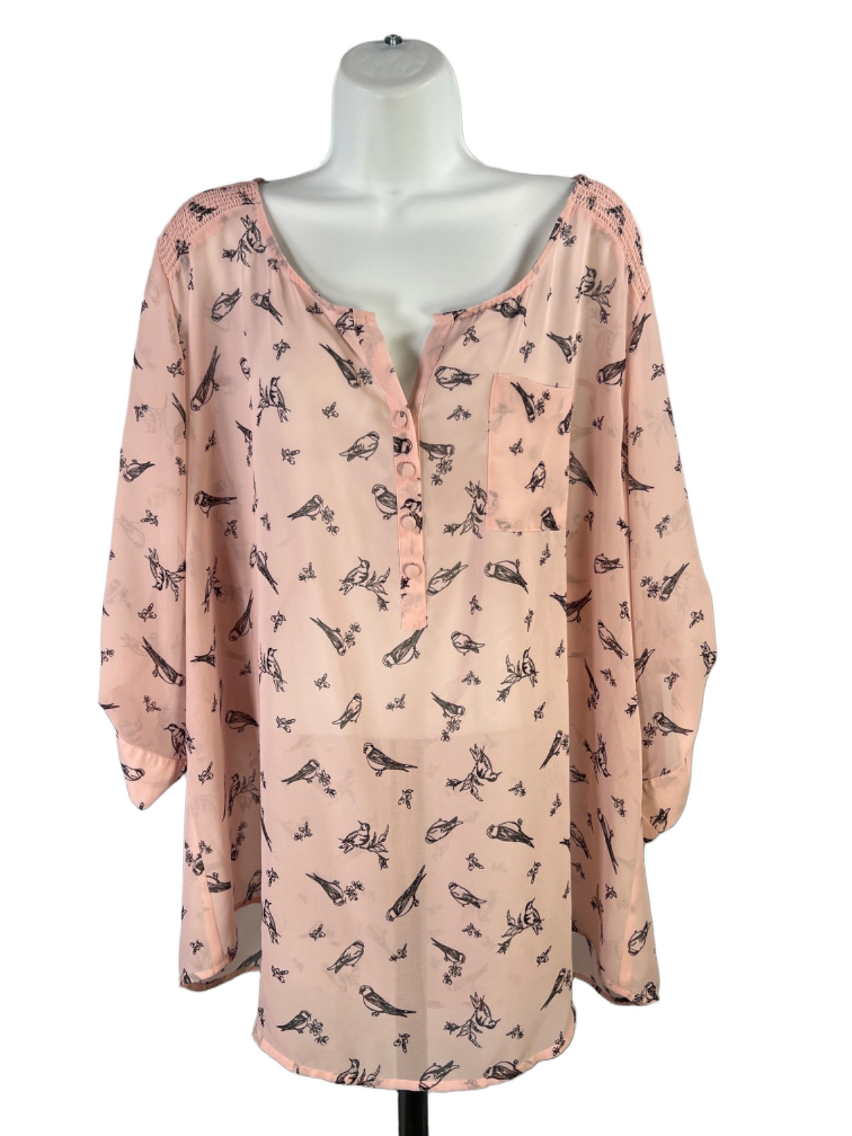 Torrid Women\'s Pink Bird Print Sheer 3/4 Roll Sleeve Blouse - Plus 3