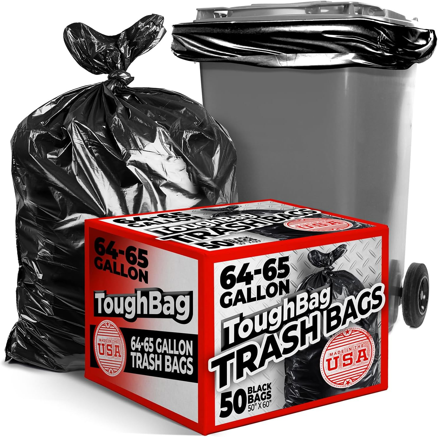 65 Gallon Heavy Duty Contractor Trash Bags, 50 Ct, Black, 1.2 Mil