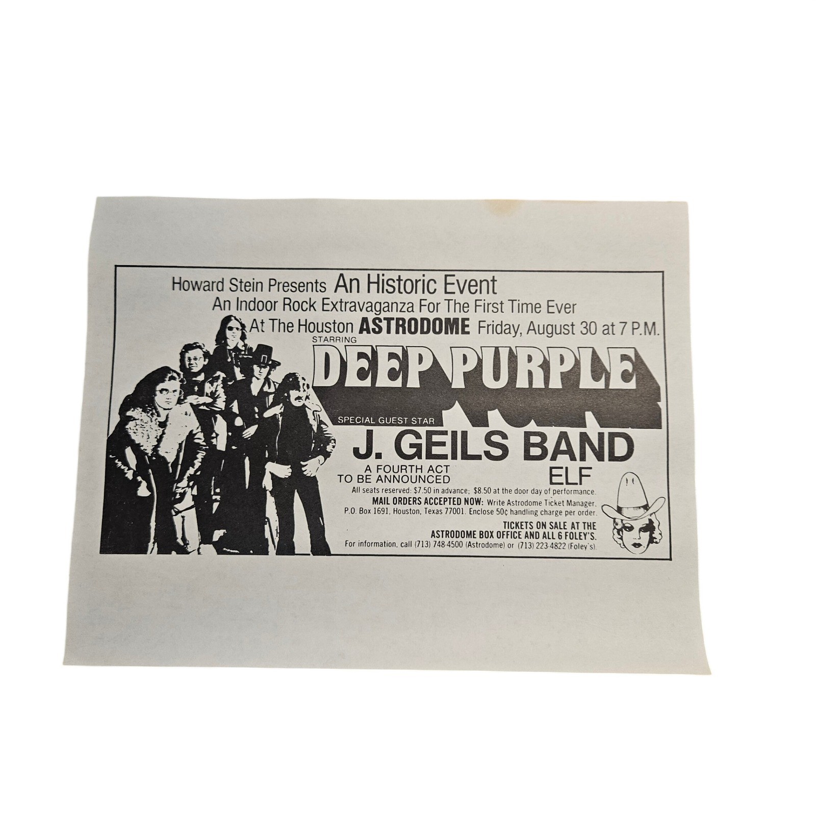 Howard Stein Deep Purple J Geils Band Elf 1970\'s Concert Flyer 8.5x11 Houston Howard Stein Deep Purple J Geils Band Elf 1970\'s Concert Flyer 8.5x11 Houston