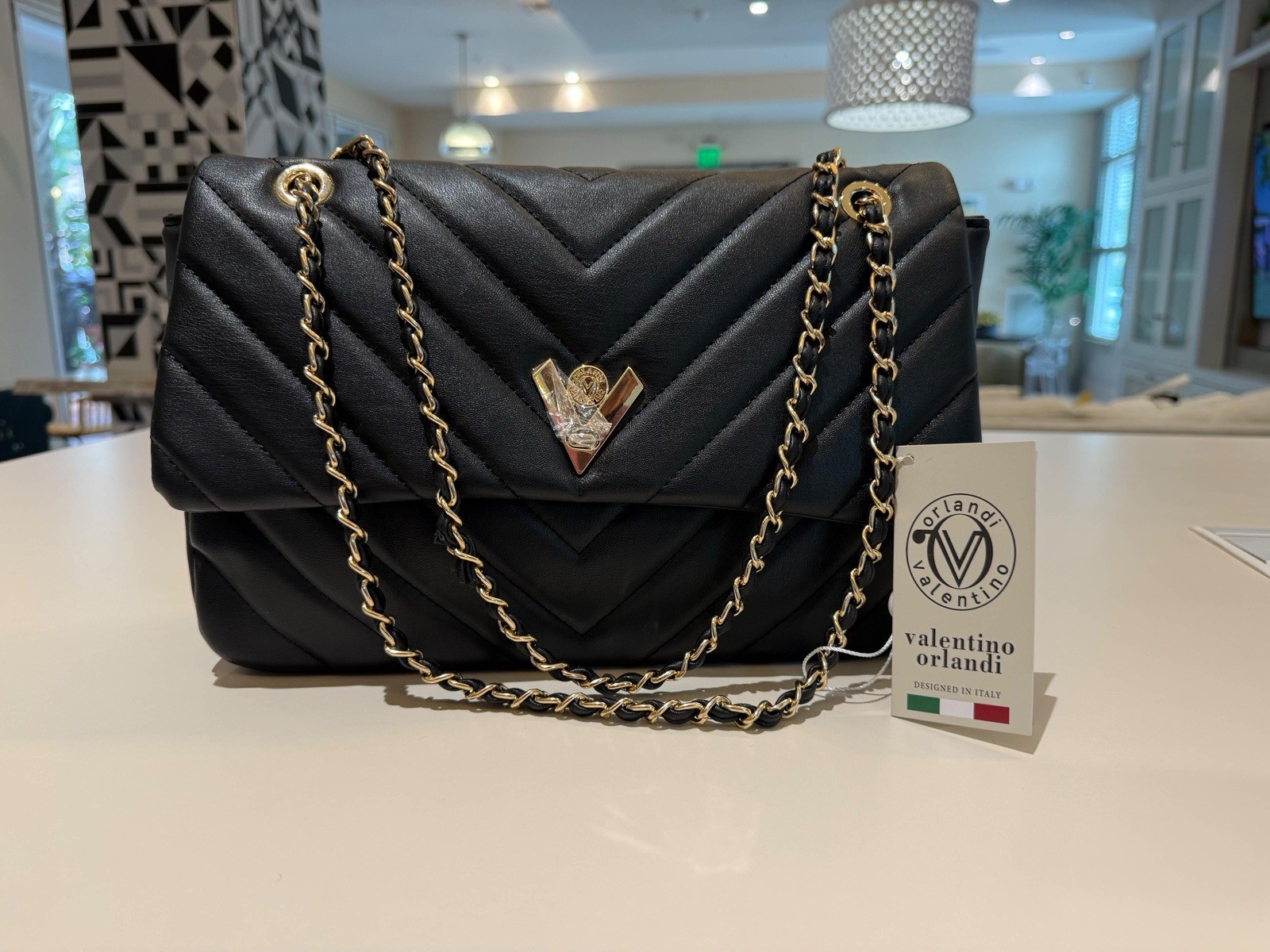 Valentino Orlandi Black Quilted Handbag with Gold chain purse vegan Valentino Orlandi Black Quilted Handbag with Gold chain purse vegan