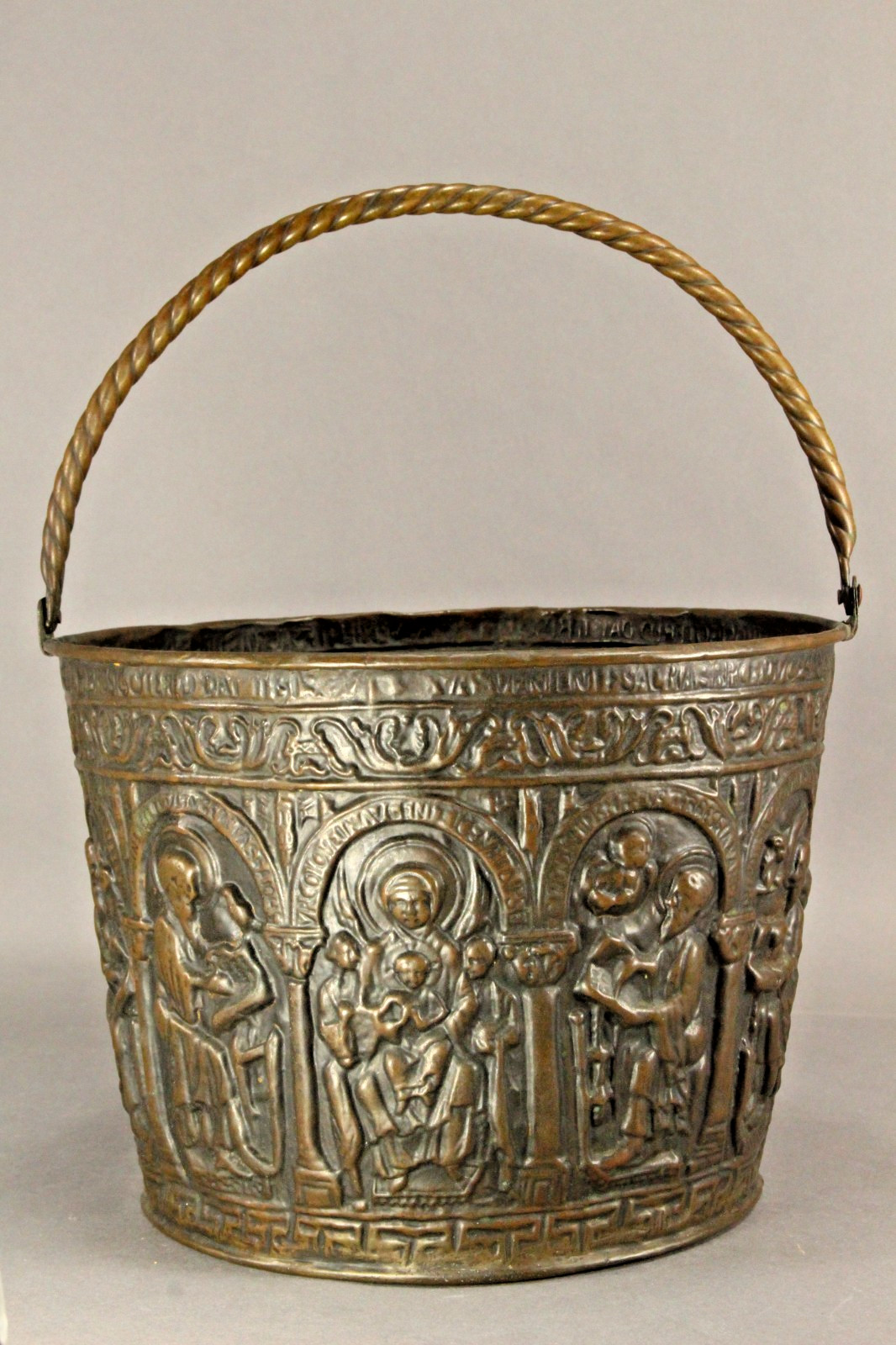 =  Antique 16/17th C. Brass Holy Water Bucket w Biblical Scenes, Nuremberg