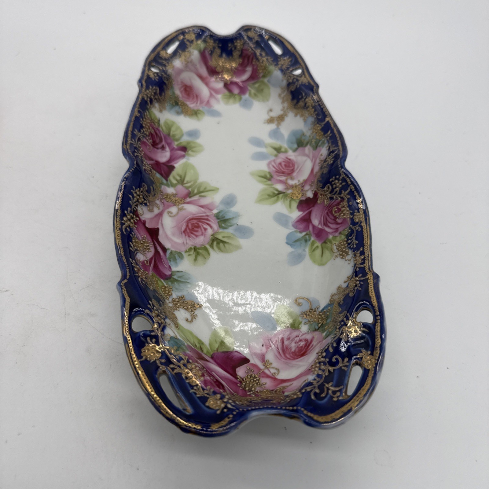 VTG Possibly German Porcelain Rose Moriage Gold Encrusted Cobalt Tray VTG Possibly German Porcelain Rose Moriage Gold Encrusted Cobalt Tray
