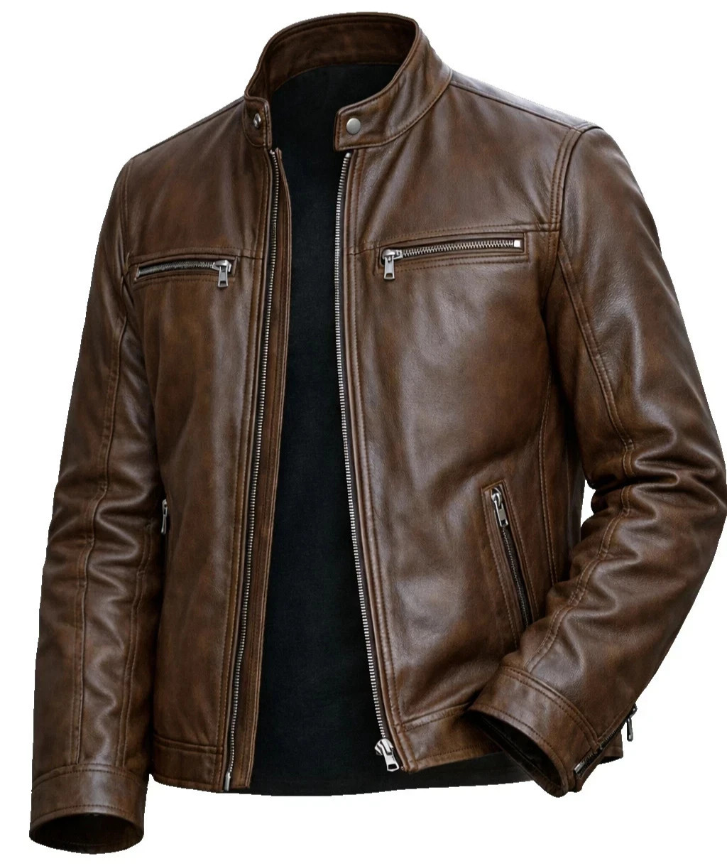 Men's Brown Genuine Leather Jacket Cafe Racer Motorcycle Biker Vintage Slim Fit