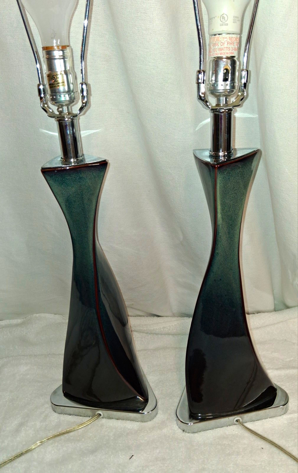 Vintage MCM 1980s Postmodern Twisted Ceramic Table Lamps Pair Chrome Base 22