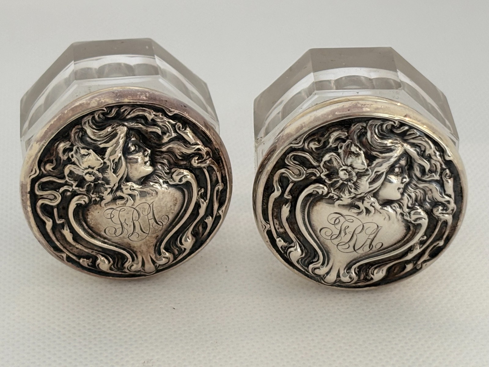 2 ANTIQUE ART NOUVEAU sterling tops glass vanity jars LADY FLOWING HAIR REPOUSSE 2 ANTIQUE ART NOUVEAU sterling tops glass vanity jars LADY FLOWING HAIR REPOUSSE