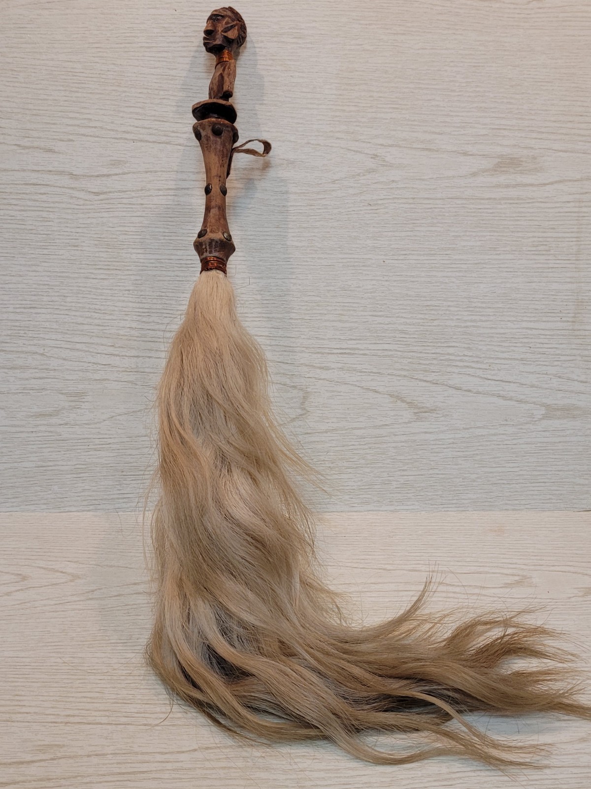 Antique Hand-Carved Wood African Tribal Fly Whisk with Handle Horse Hair Figural