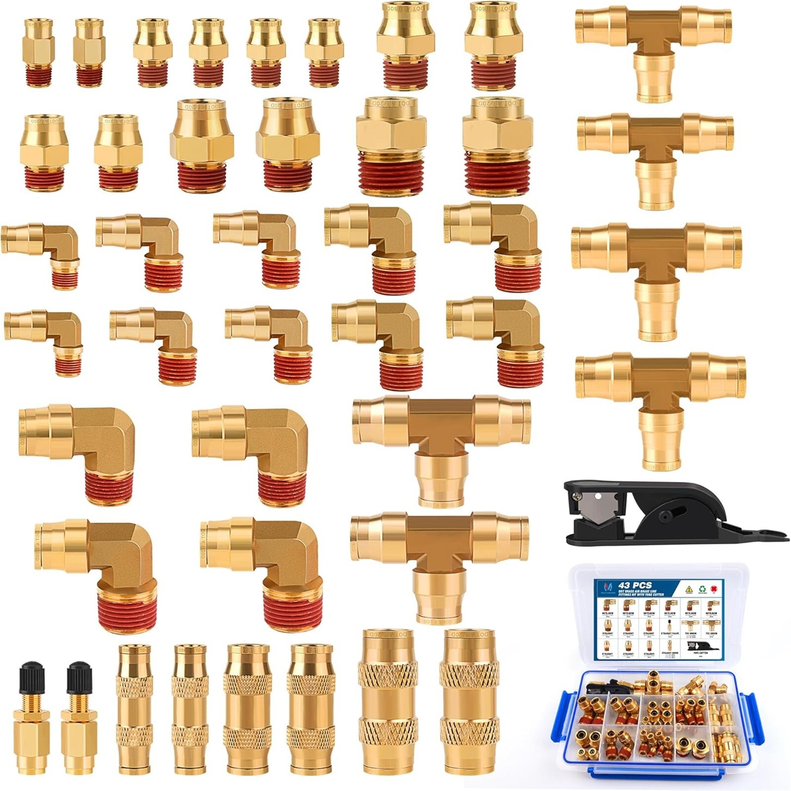 43 PCS Brass DOT Air Line Fittings Kit Push Lock Quick Connect & NPT Thread Tube