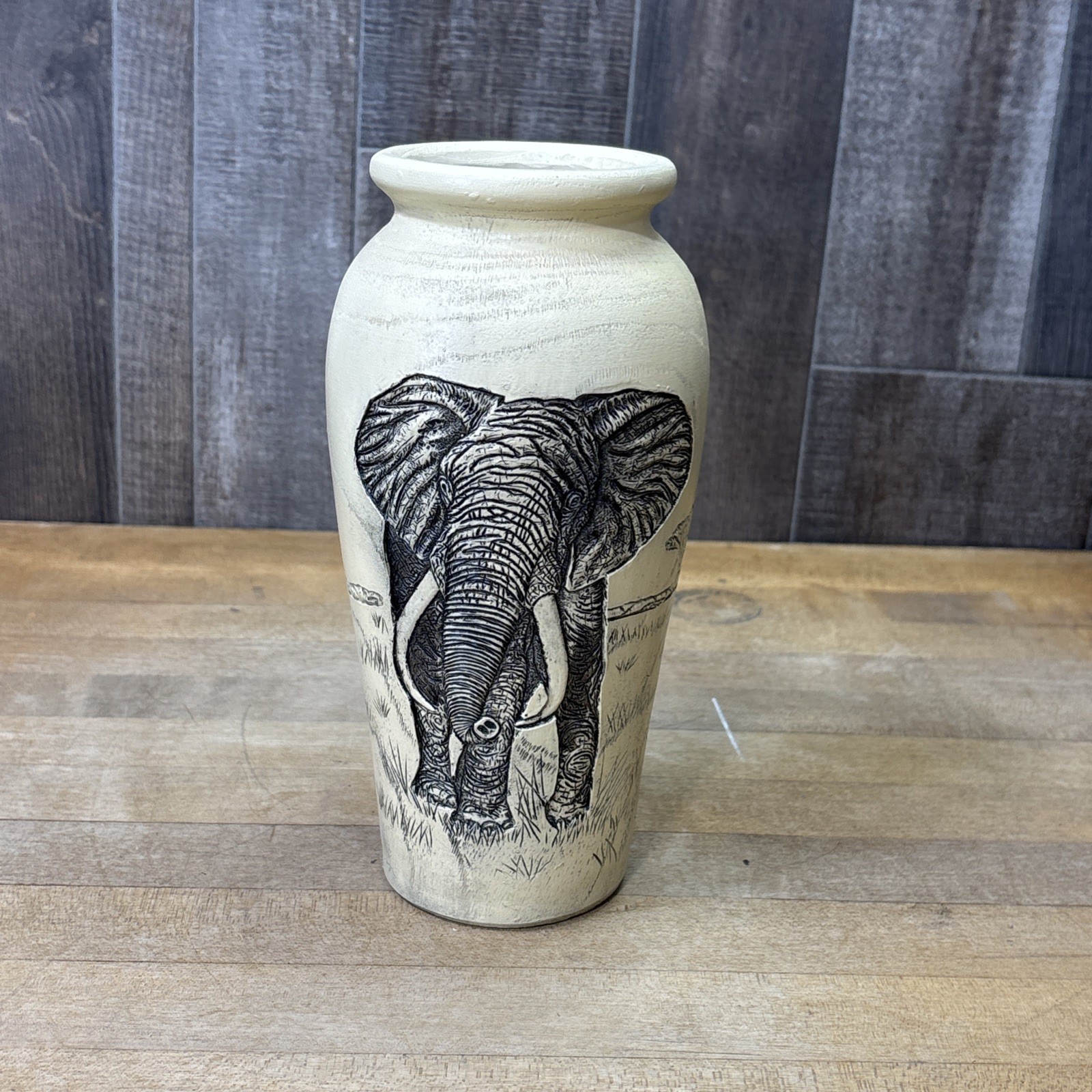 Vintage African Safari Elephant Landscape Resin Vase Faux Wood Etched Wildlife 