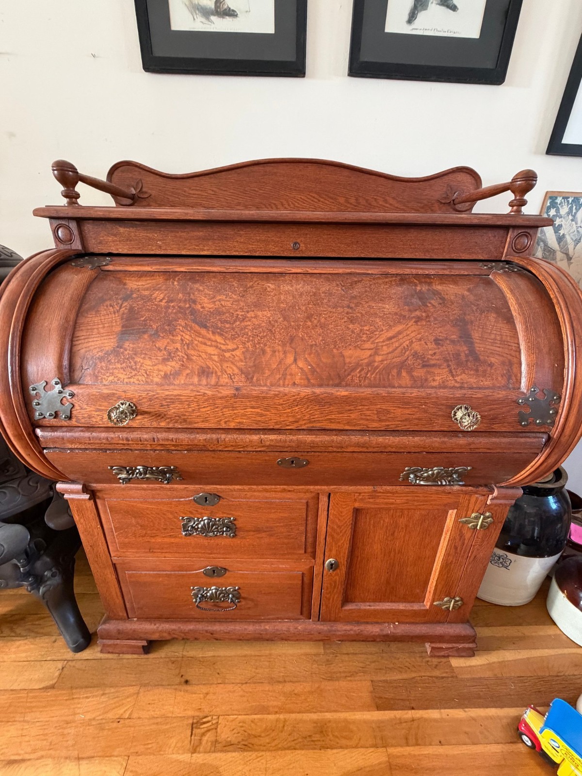 Antique Oak Cylinder Roll-Top Secretary Desk