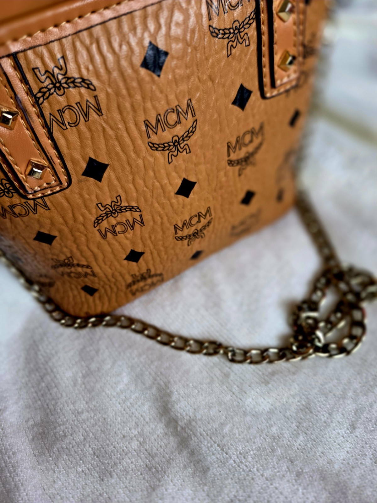 MCM Visetos Monogram Mini Satchel Zip Bag w/ Chain Strap Gold Hardware MCM Visetos Monogram Mini Satchel Zip Bag w/ Chain Strap Gold Hardware