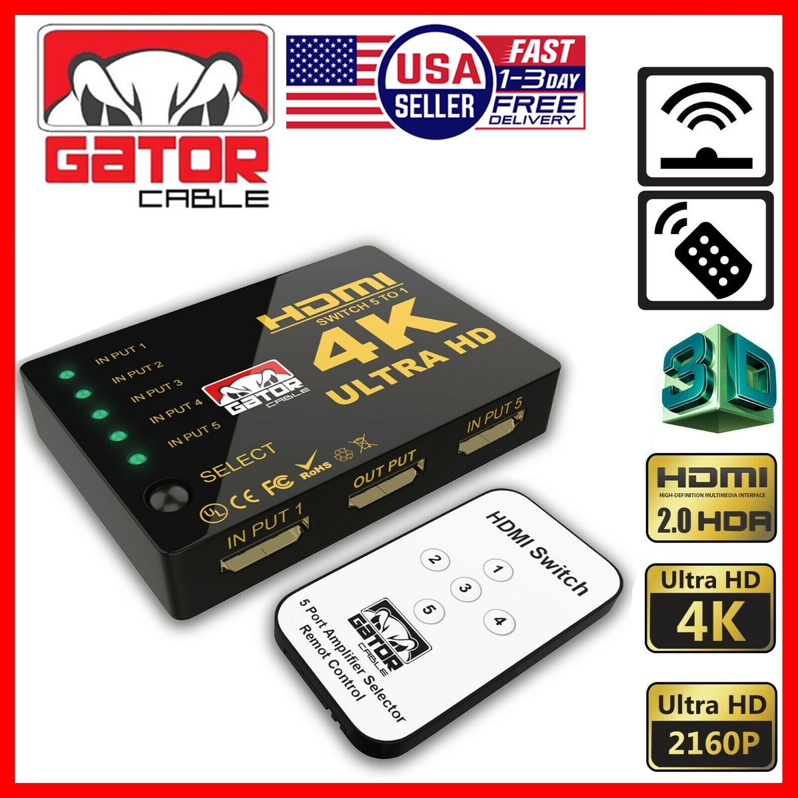 4K HDMI 2.0 Cable Splitter Switcher Box Hub IR Remote Control 5X1 Power 5 to 1