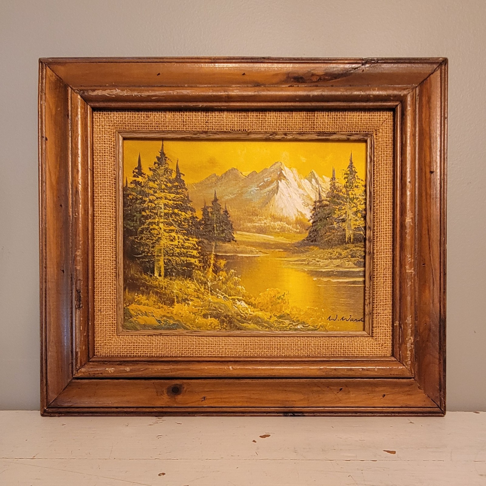 Original W Ward Oil Painting Of Mountain Forest River Landscape In Wood Frame