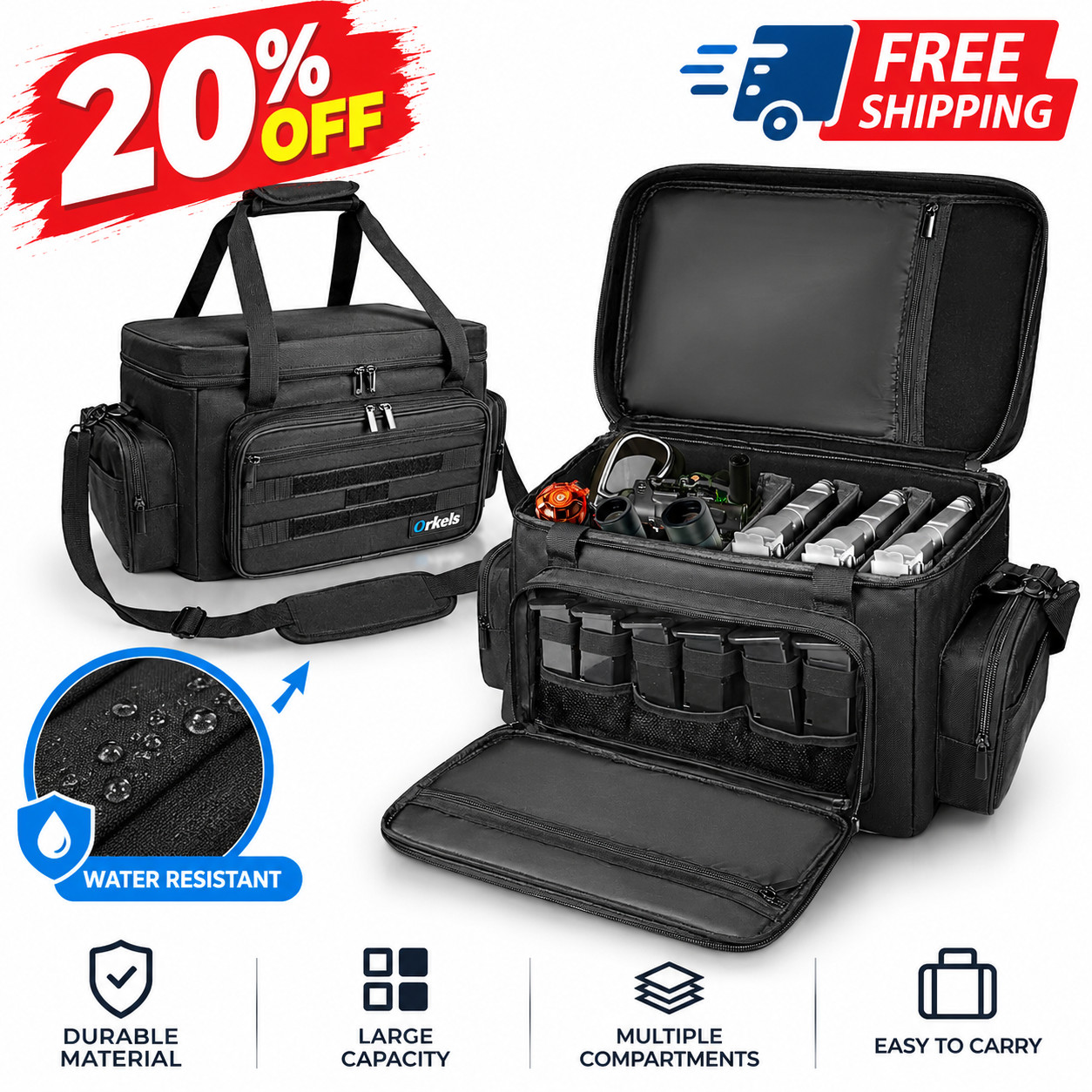 Tactical Gun Range Bag for 4 Pistols & Ammo, Handgun Carry Case with Magazine Ho