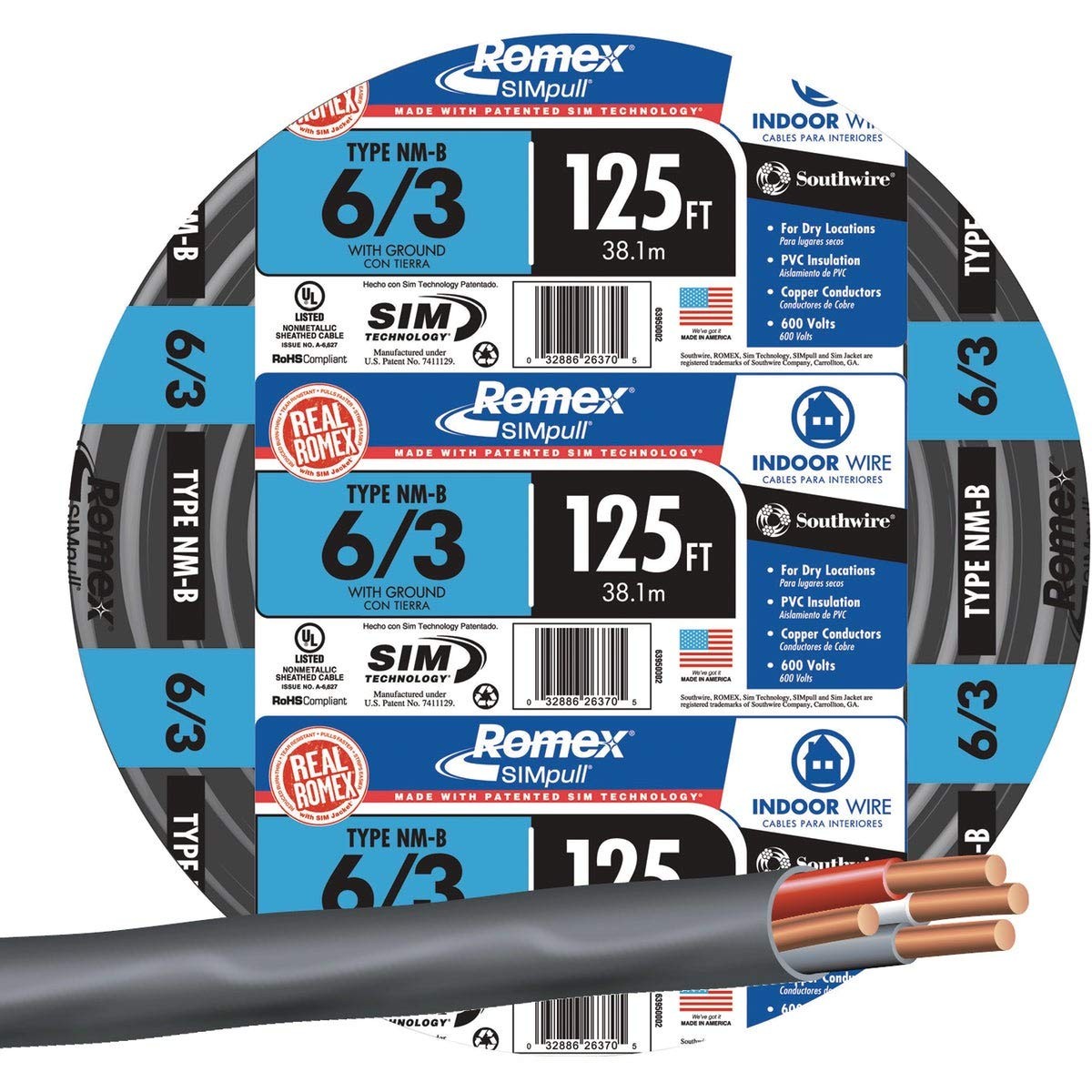 Electrical Cable 125ft 6 Gauge 3 Conductor NM B Black Southwire 63950002 Electrical Cable 125ft 6 Gauge 3 Conductor NM B Black Southwire 63950002