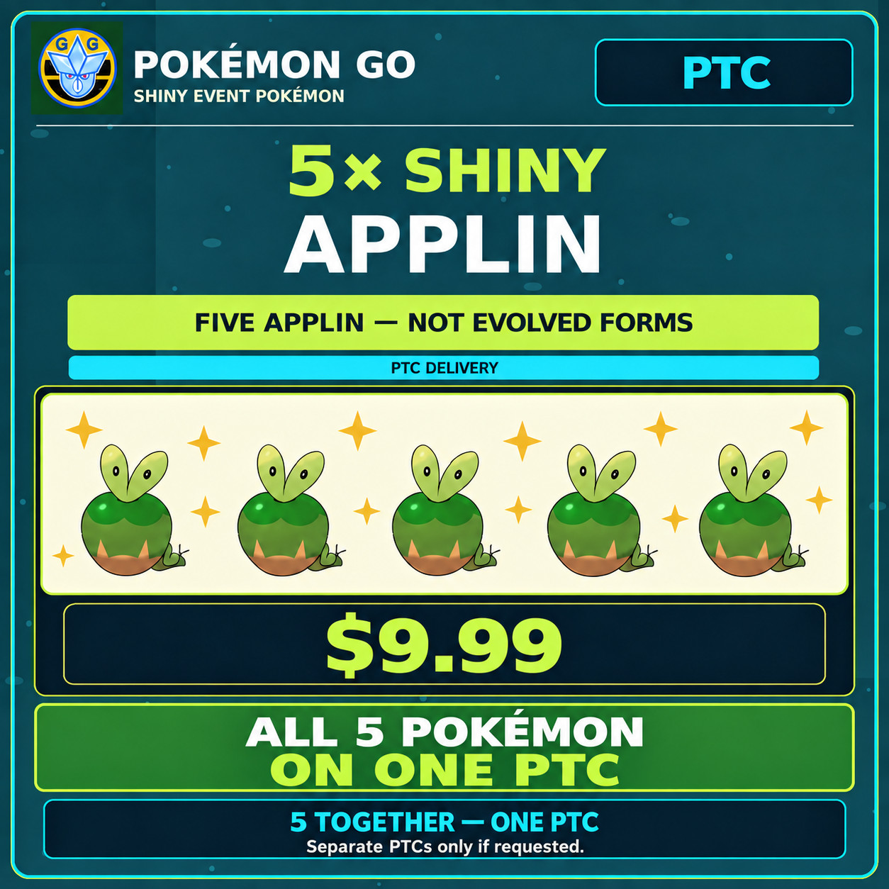 Pokemon GO 5x Shiny Applin PTC Acc Bundle - All 5 on One Acc