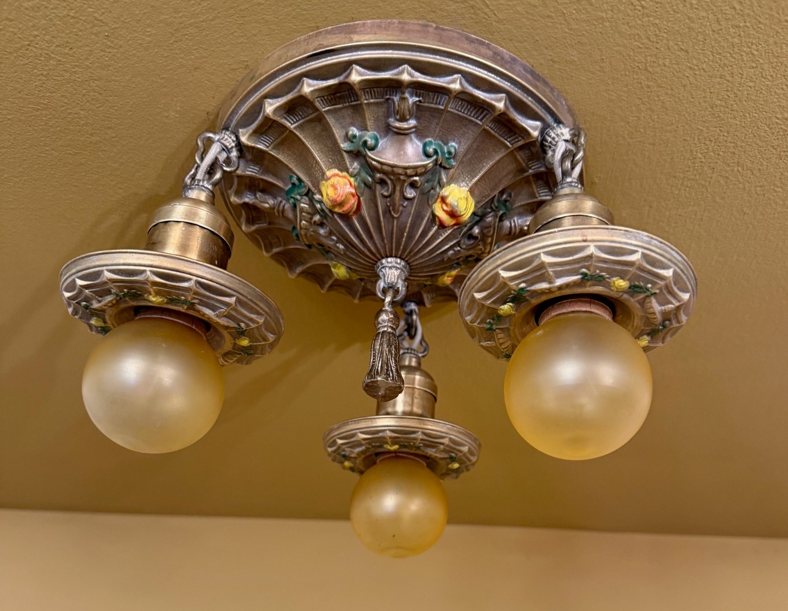 Vintage Lighting 1910s brass 3 bulb pan surface mount. Rewired.