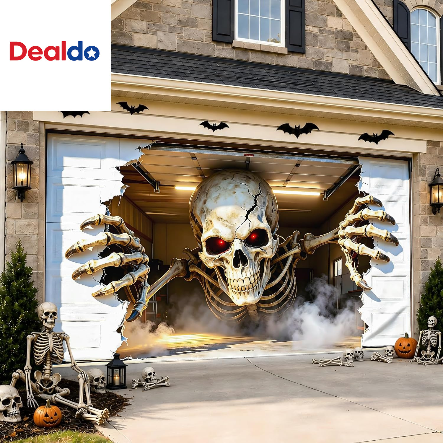Halloween Garage Door Cover 16x7 FT Realistic 3D Skeleton Scene Outdoor Decor
