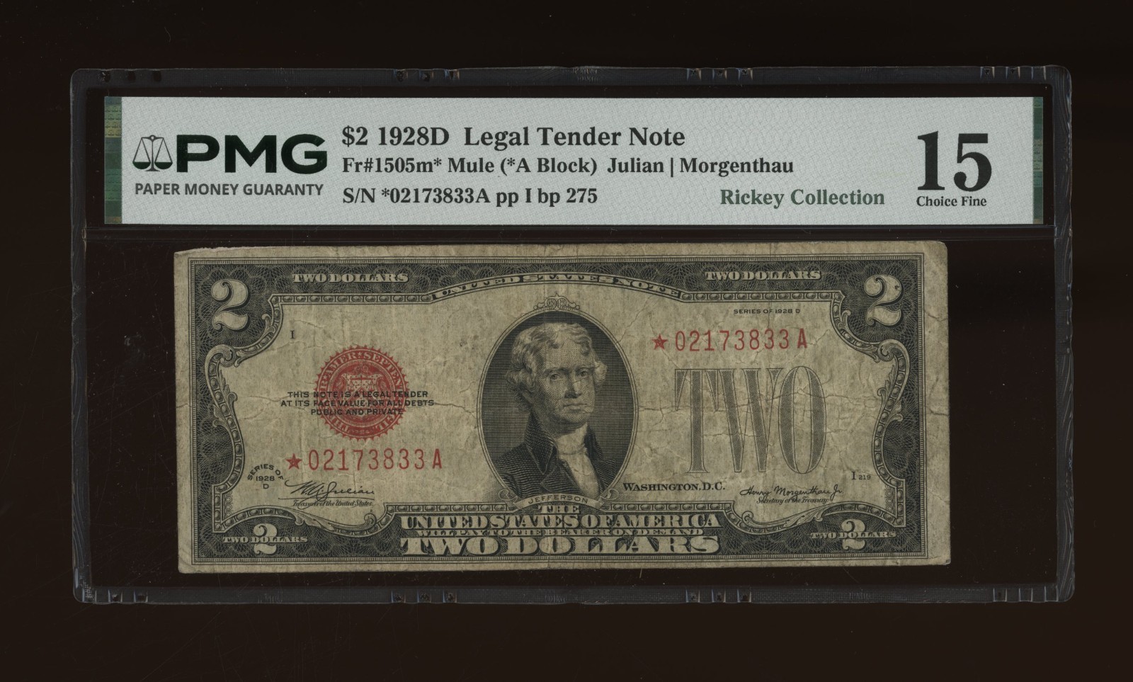 DBR 1928-D $2 Legal Mule STAR Fr. 1505m* PMG 15 Serial *02173833A DBR 1928-D $2 Legal Mule STAR Fr. 1505m* PMG 15 Serial *02173833A