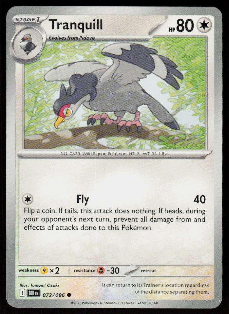 Tranquill 072/086 Common Black Bolt Pokemon Near Mint