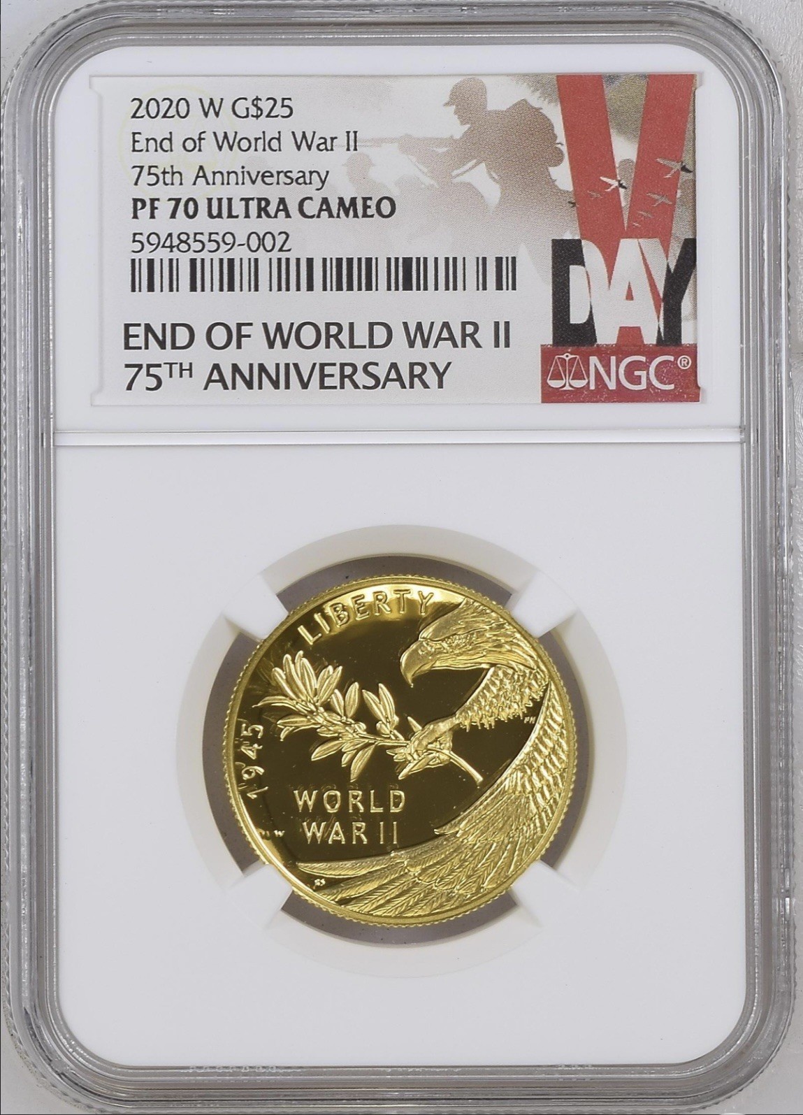 2020-W $25 END OF WWII V75 75th ANNIVERSARY 1/2 OZ PROOF GOLD COIN NGC PF70 2020-W $25 END OF WWII V75 75th ANNIVERSARY 1/2 OZ PROOF GOLD COIN NGC PF70