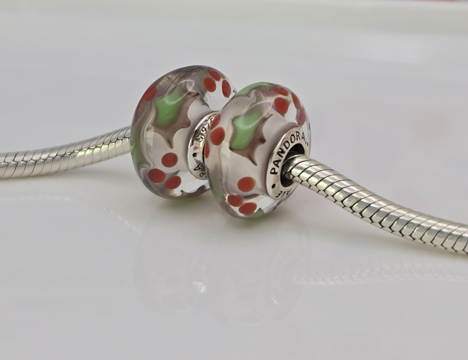 Authentic Pandora Pair of Christmas Holly Charms Murano silver Glass Authentic Pandora Pair of Christmas Holly Charms Murano silver Glass