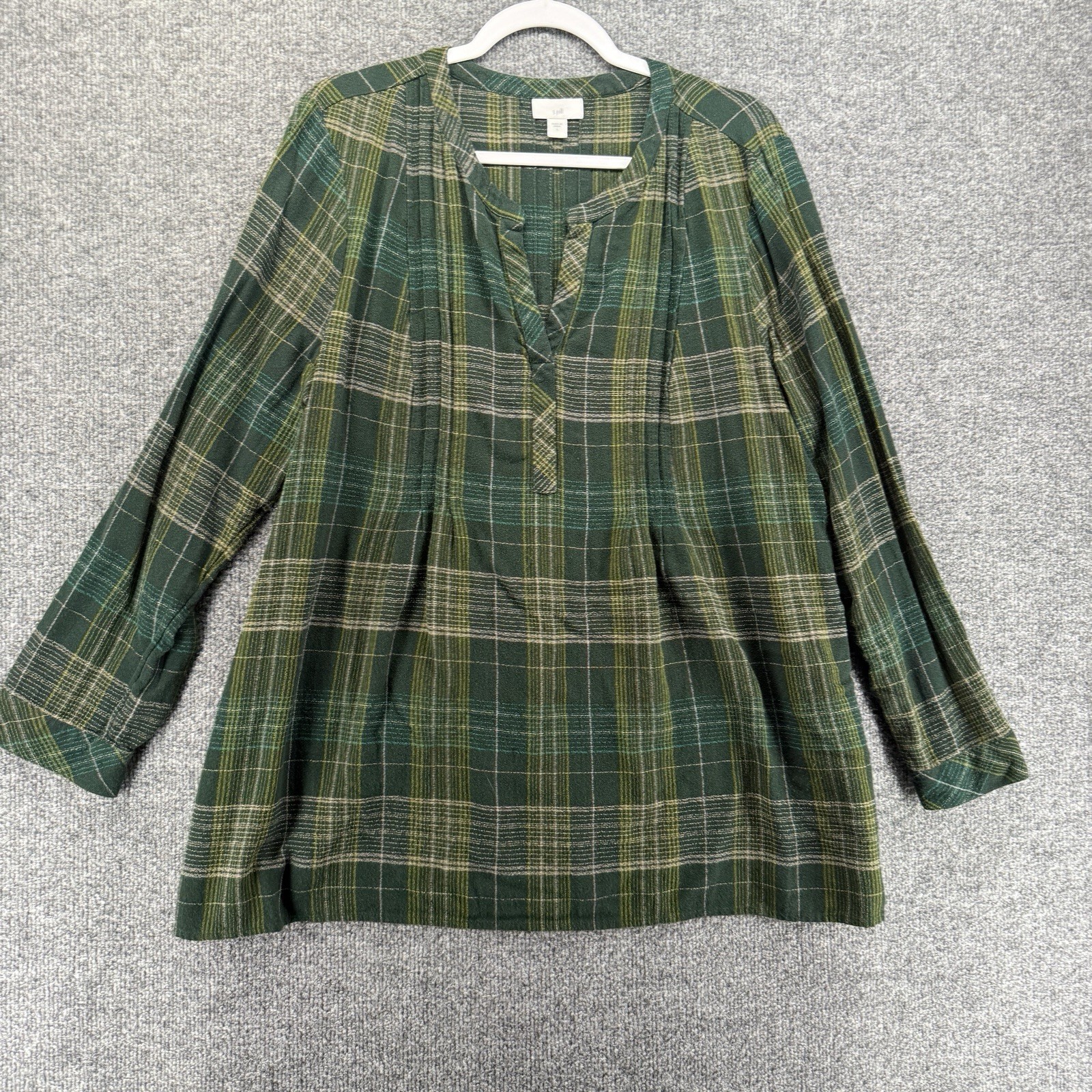 J Jill Top Womens L Green Plaid Tunic V-Neck Casual Boho Cottage Prairie Ranch