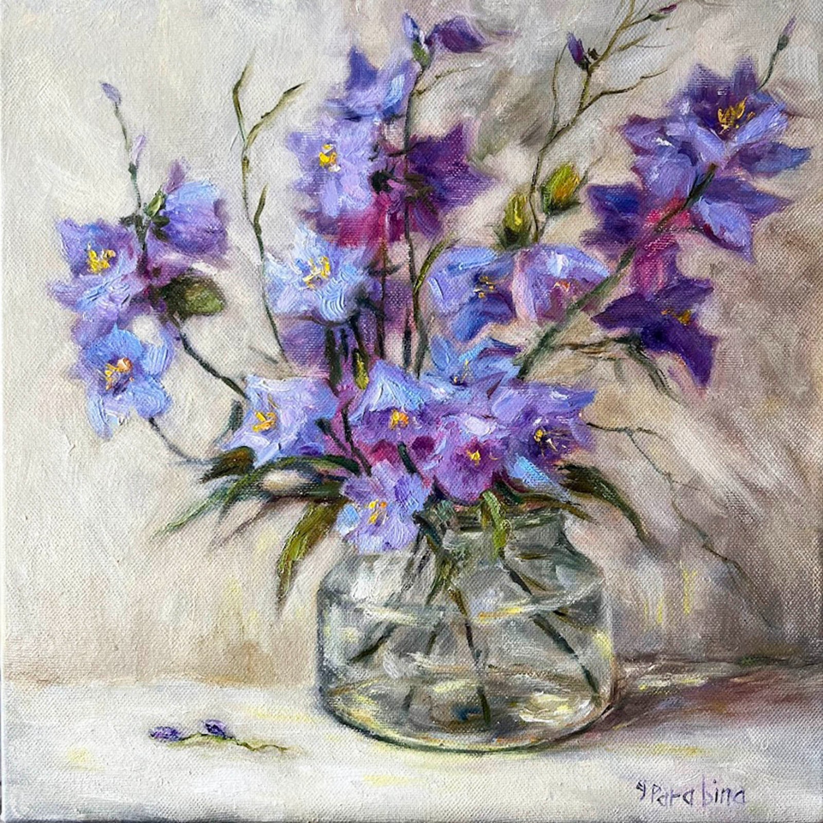 Original Oil Painting Bluebell Flowers Bouquet Floral Canvas Art 12 x 12