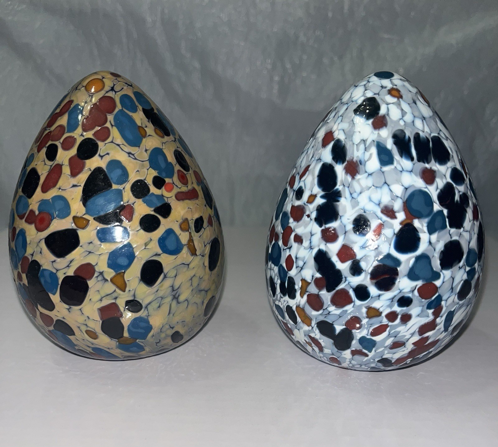 Pair of Vintage Art Glass Eggs 4” - Confetti Speckled Pattern Style - Unsigned