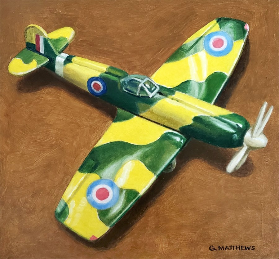 Original Oil Painting Spitfire Airplane Tin Toy Still Life 6 x 6 in. NEW Original Oil Painting Spitfire Airplane Tin Toy Still Life 6 x 6 in. NEW