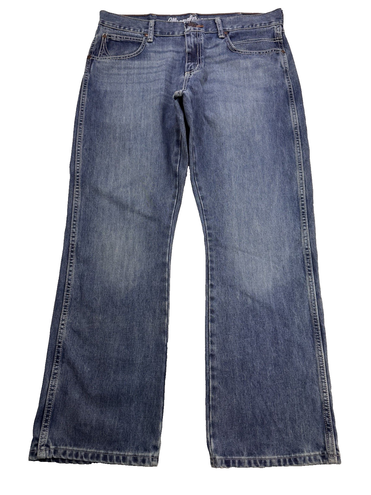 Wrangler Retro Jeans Men\'s 34x30 Blue Relaxed Boot Whisker Distressed Denim