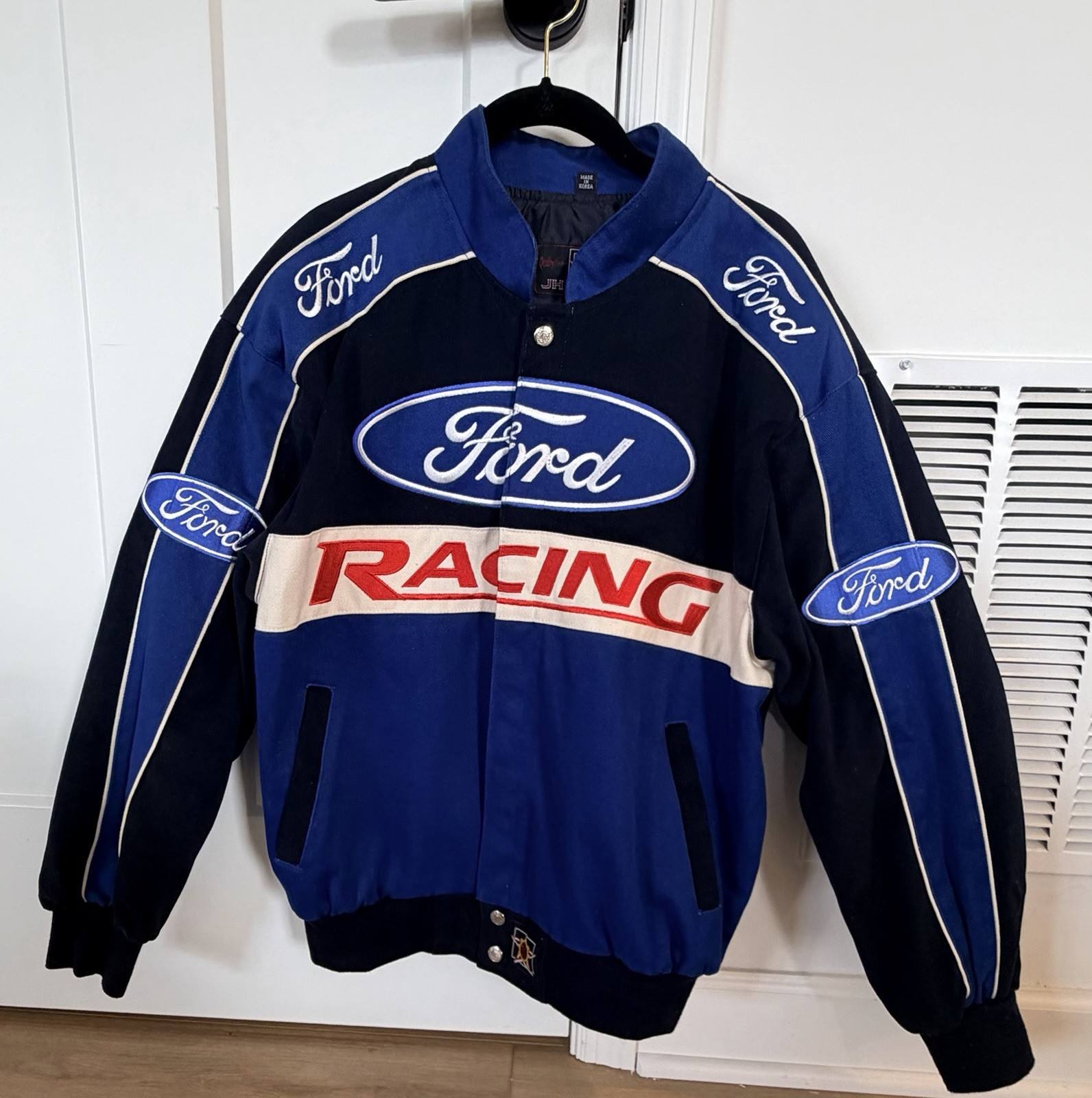 NOS Vtg 1990s JH Design Ford Racing Cotton Twill Bomber Jacket Mens M